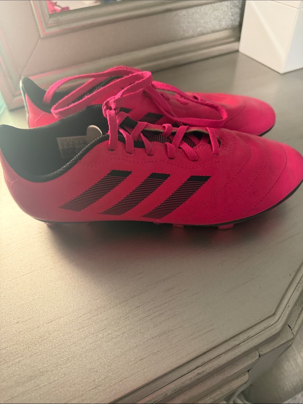 adidas Kids Pink Soccer Cleats with Black Stripes